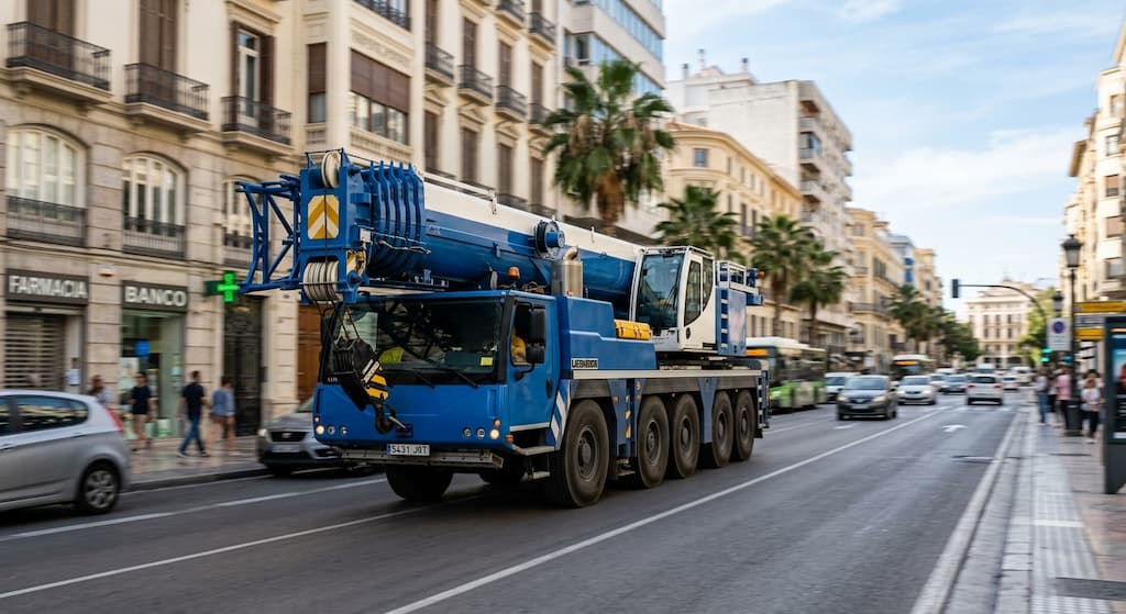 Grúa móvil autopropulsada circulando por la ciudad, un ejemplo de vehículo especial según la DGT