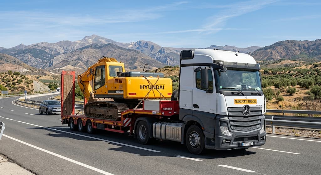 Camión con remolque de cama baja transportando una excavadora, uno de los tipos de remolque para transporte especial